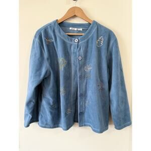 Jon Jac Sweater, Women's Size Medium Blue Fall Fleece Cardigan Leaves Vintage